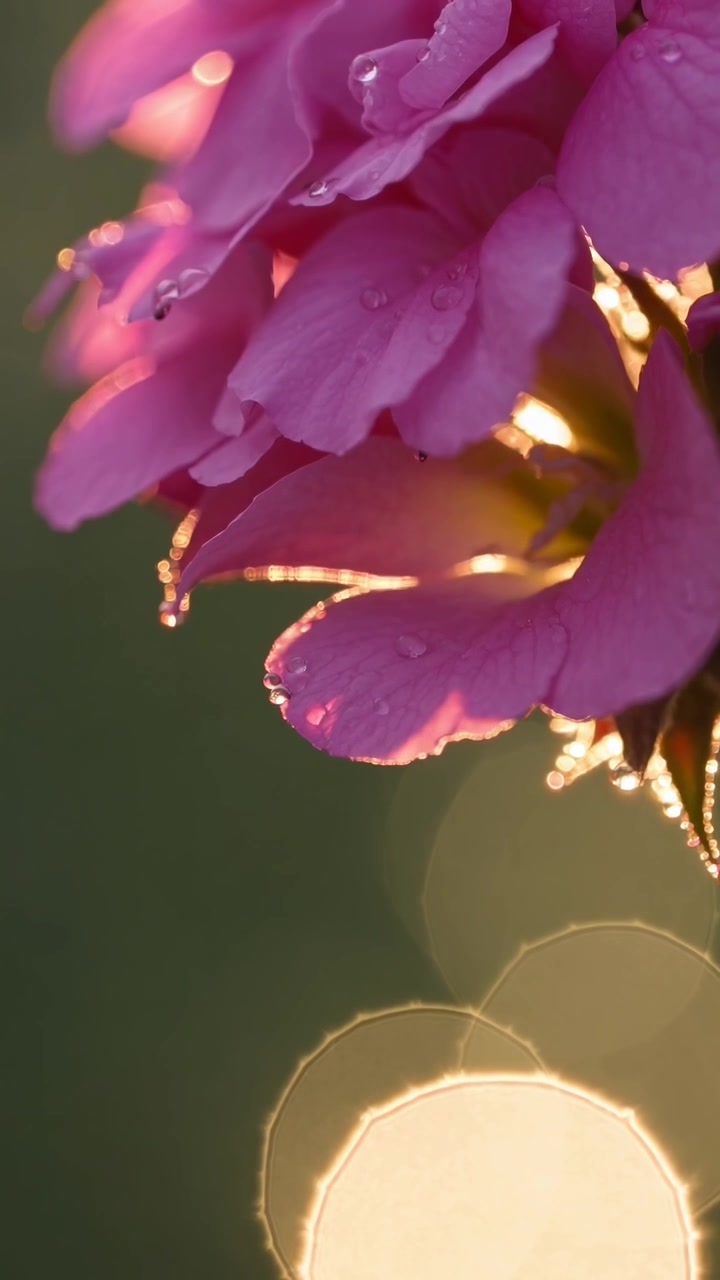 Primo piano di petali di fiori rosa con gocce di rugiada al tramonto