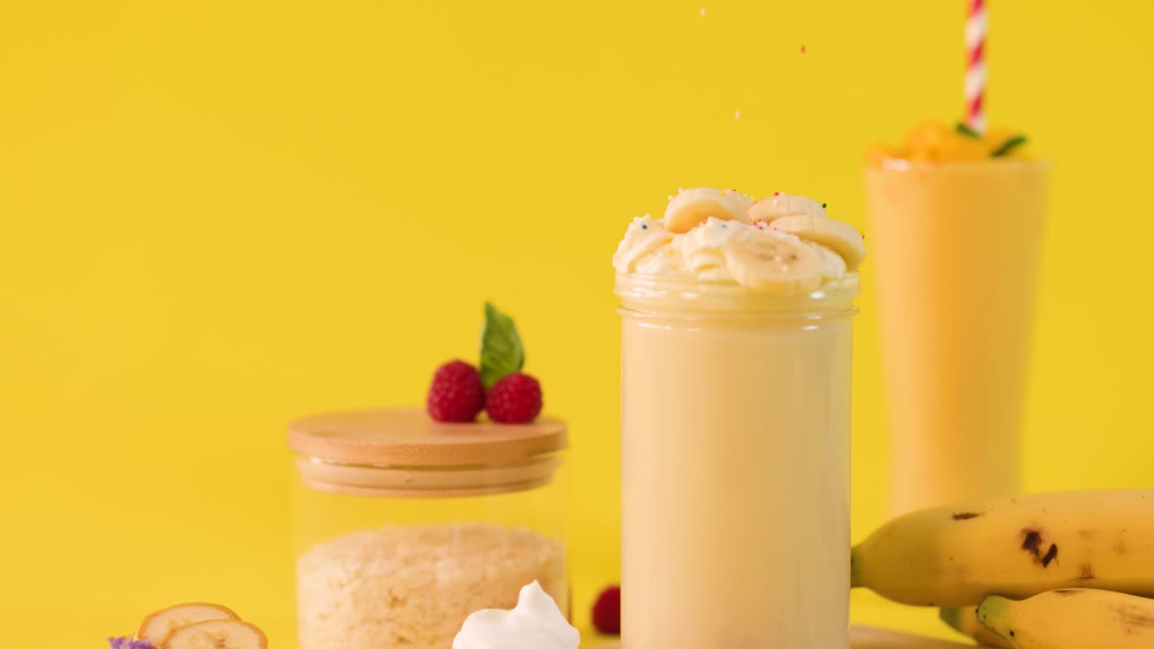 Human hand sprinkles garnish onto creamy banana smoothie among fresh fruit on bright yellow backdrop