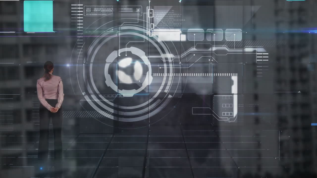 Observing futuristic holographic data display, businesswoman analyzing animation in office