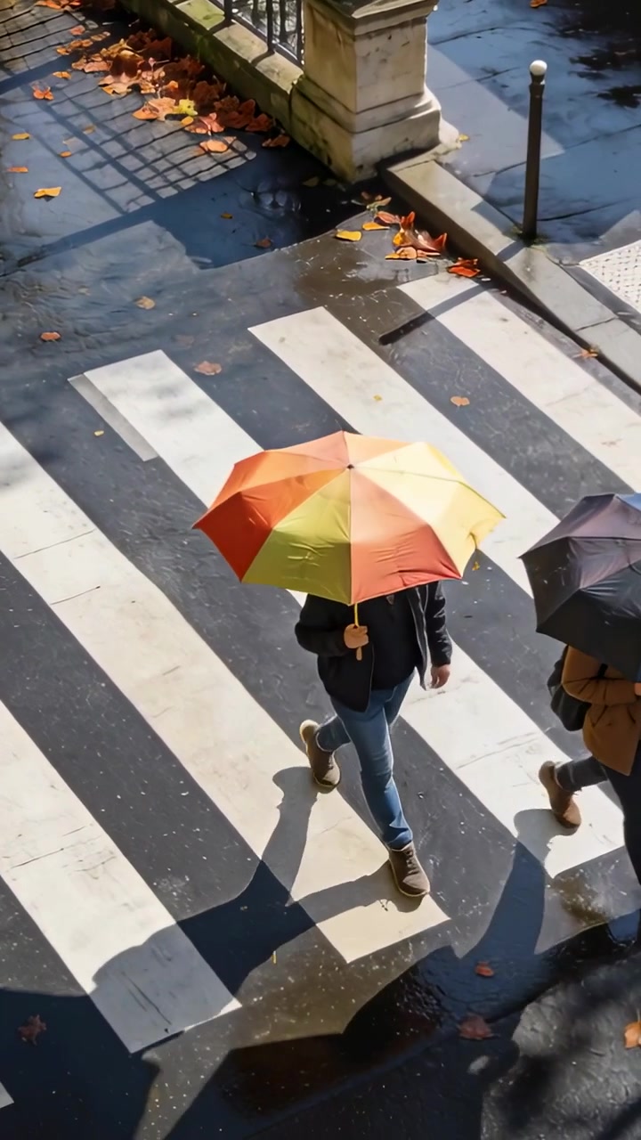 Vertical video: Stepping off curb pair crossing wet zebra crosswalk to reach sidewalk