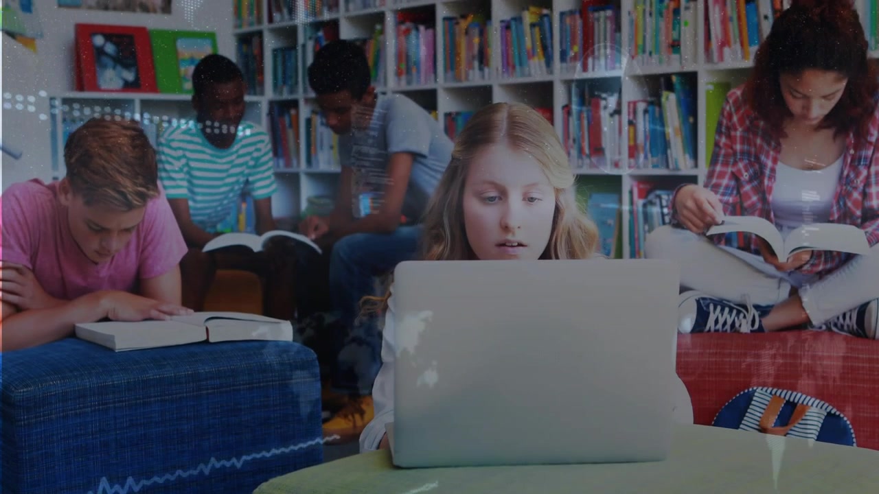 Girl typing on laptop in school library, causing waveform and code overlays aiding education