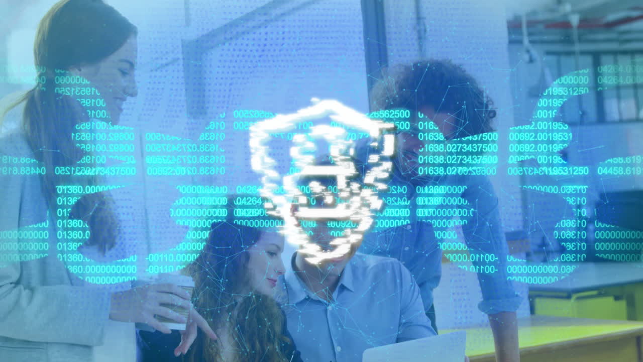 Team collaborating at office with digital security lock animation overlay