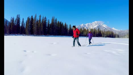 Skier-couple-walking-on-snowy-landscape-4k