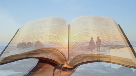 animation of book over african american couple on beach