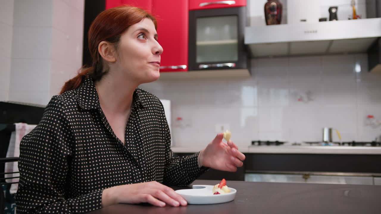 Woman Tastes Nice A Typical Italian Dessert Sitting At The Table