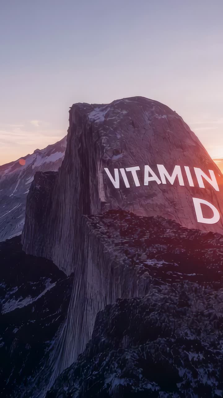 Vertical video: Granite cliff showing VITAMIN D letters by ridge, sunrise causing move and flaring