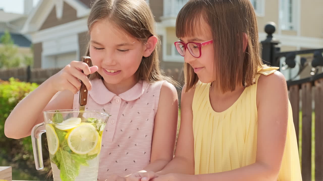 Cute Little Girls Making Lemonade Outdoors