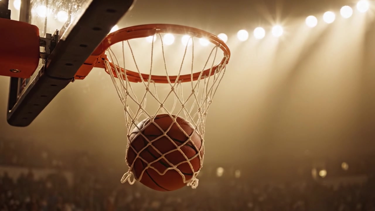 Una prospettiva accattivante di un canestro da basket circondato da atmosfera e intensità, che cattura l'essenza degli sport competitivi durante una partita emozionante.