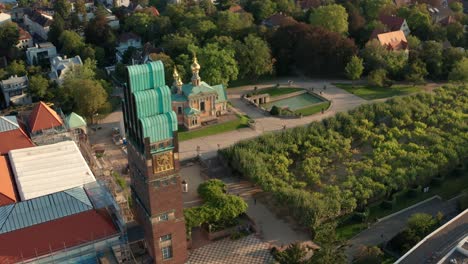 Darmstadt-Jugendstil-Center-Mathildenhoehe-on-a-sunny-Day-with-great-light-from-a-drone