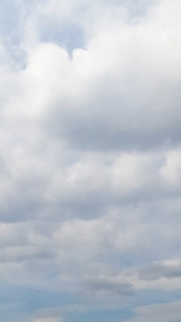 White clouds spreading along the horizon. Cloudscape in the sky on rainy daytime. Low angle view. Timelapse. Vertical video