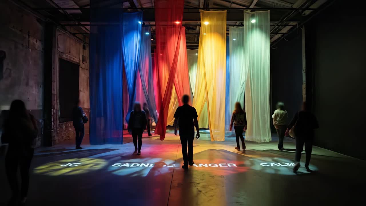Pessoas caminhando por uma instalação artística de tecido colorida com palavras projetadas
