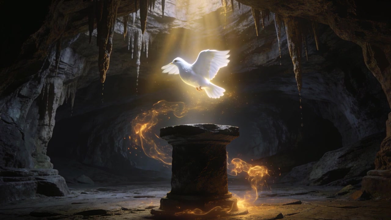 Rising white dove hovering above plinth in cave light beam gold ribbon lifting spiraling for rite