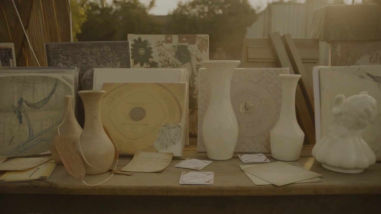 File di copertine di dischi in vinile vintage si ergono dietro vasi in ceramica opaca e piccoli pezzi decorativi disposti su un tavolo di legno usurato in una bancarella di mercato all'aperto con una luce dorata e soffusa, con disco, vinile