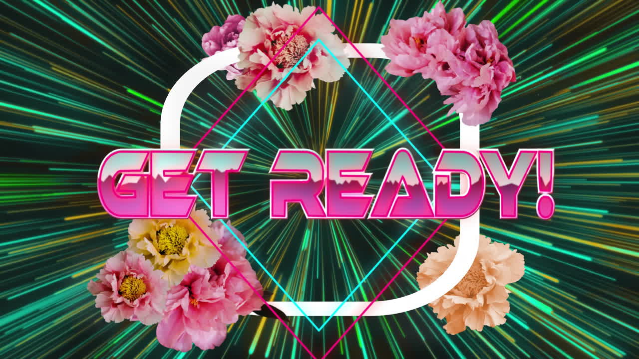 Get Ready! text animation over colorful flowers and green radial light beams