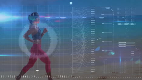 animación de escaneo de alcance y procesamiento de datos sobre mujer en forma corriendo por la orilla del mar