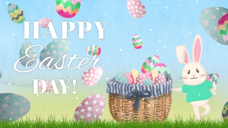 Happy Easter Day Greeting with Bunny, Basket, and Falling Eggs