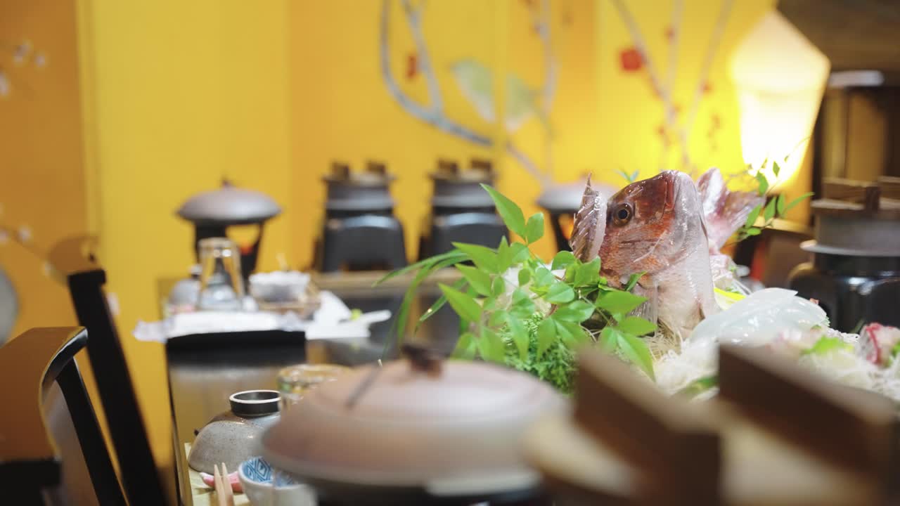 Japanese Banquet, Kaiseki Course Set with Pots and Sashimi Seabream