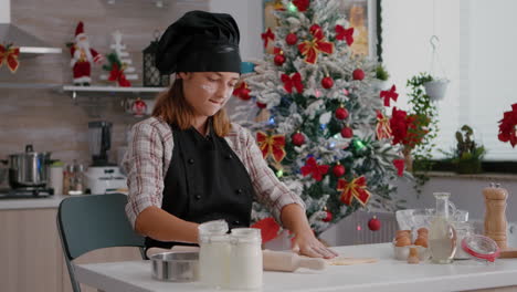 portrait of grandchild wearing apron rolling homemade dough using rooling pin