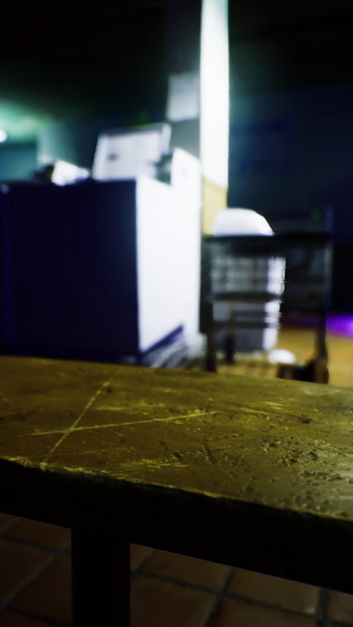 Mysterious dimly lit workspace with colorful lighting in the background