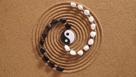 japanese zen garden with yin yang stones in textured sand