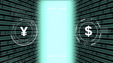 binary code with yen and dollar symbols, currency exchange concept