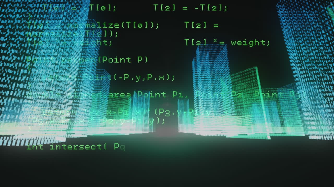 Animation of data processing over glowing 3d city model in seamless pattern on black background