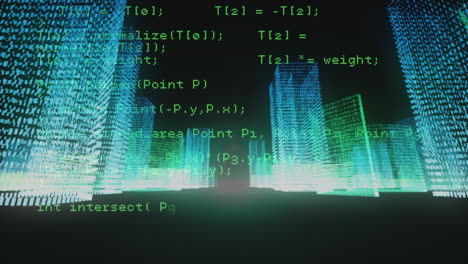 animación del procesamiento de datos sobre un modelo de ciudad 3d brillante en un patrón sin costuras sobre un fondo negro.