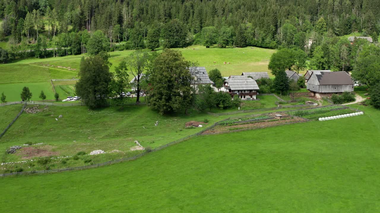 Idyllinen alppimaatila Jezerskossa, Sloveniassa, ilmakuva