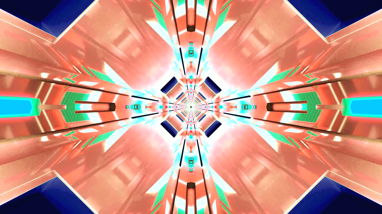 Bright colors and intricate geometric patterns generate a continuous tunnel effect that mesmerizes viewers. This dynamic video loop offers an engaging visual backdrop perfect for any setting