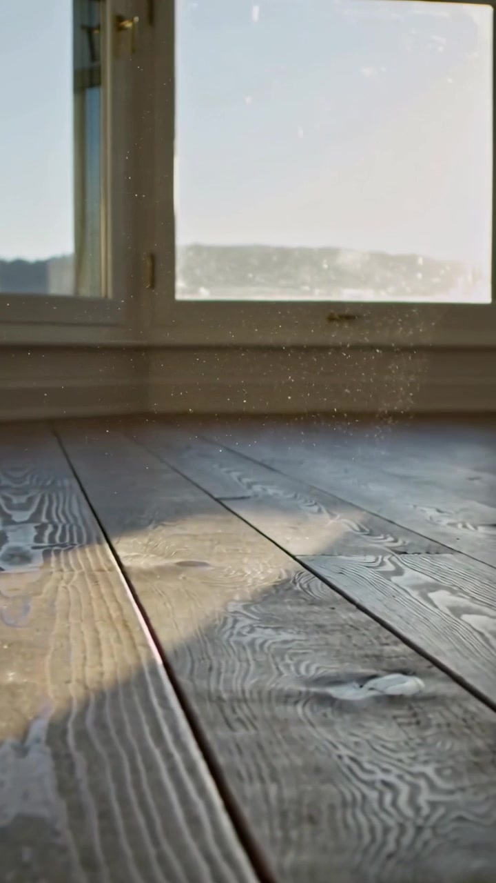 Video verticale: Il sole che si muove fa arretrare la telecamera rivelando il pavimento di casa, una finestra e la polvere.