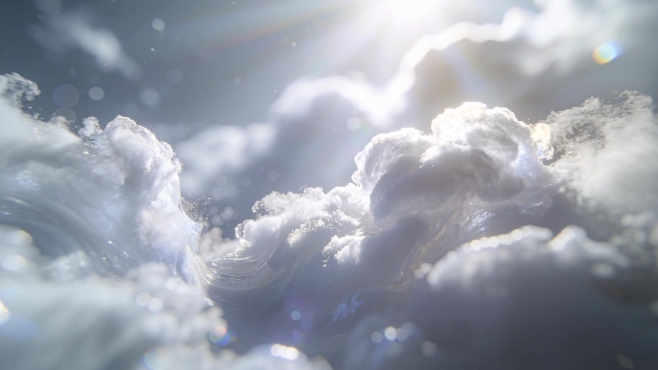 Camera pulling back, tilting up revealing large cumulus clouds swelling above cloud tops, sun halo