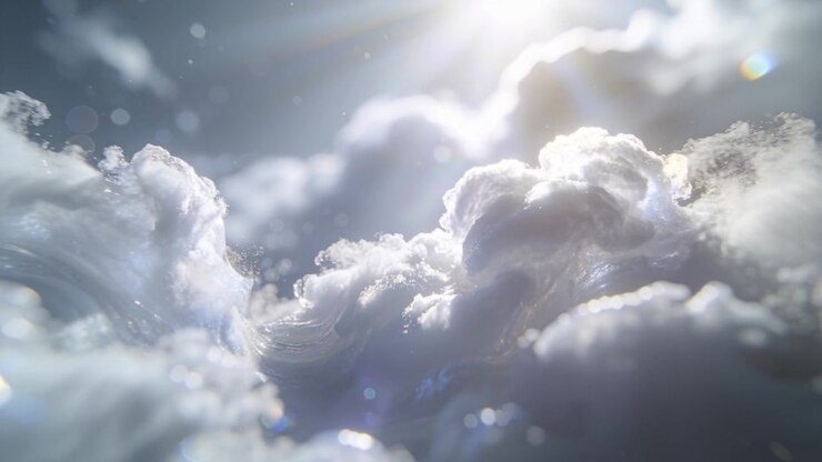 Camera pulling back, tilting up revealing large cumulus clouds swelling above cloud tops, sun halo
