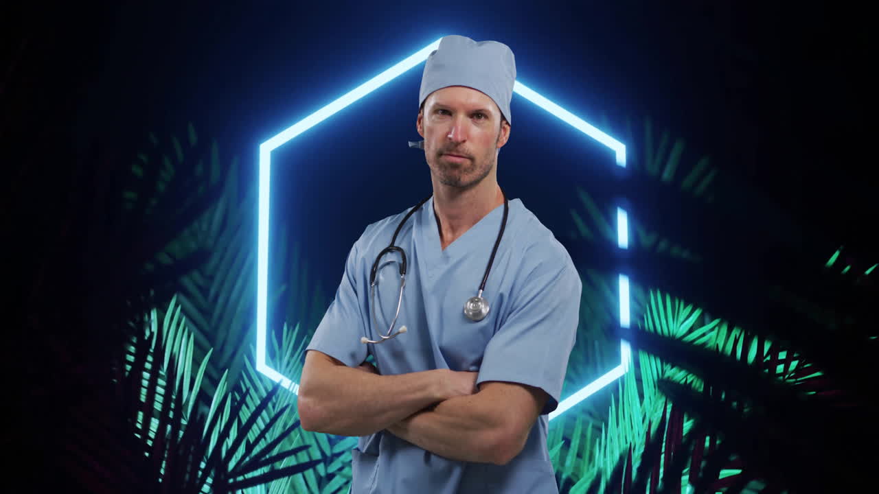 Male medical professional demonstrating medical tech with neon hexagon lighting and palm foliage