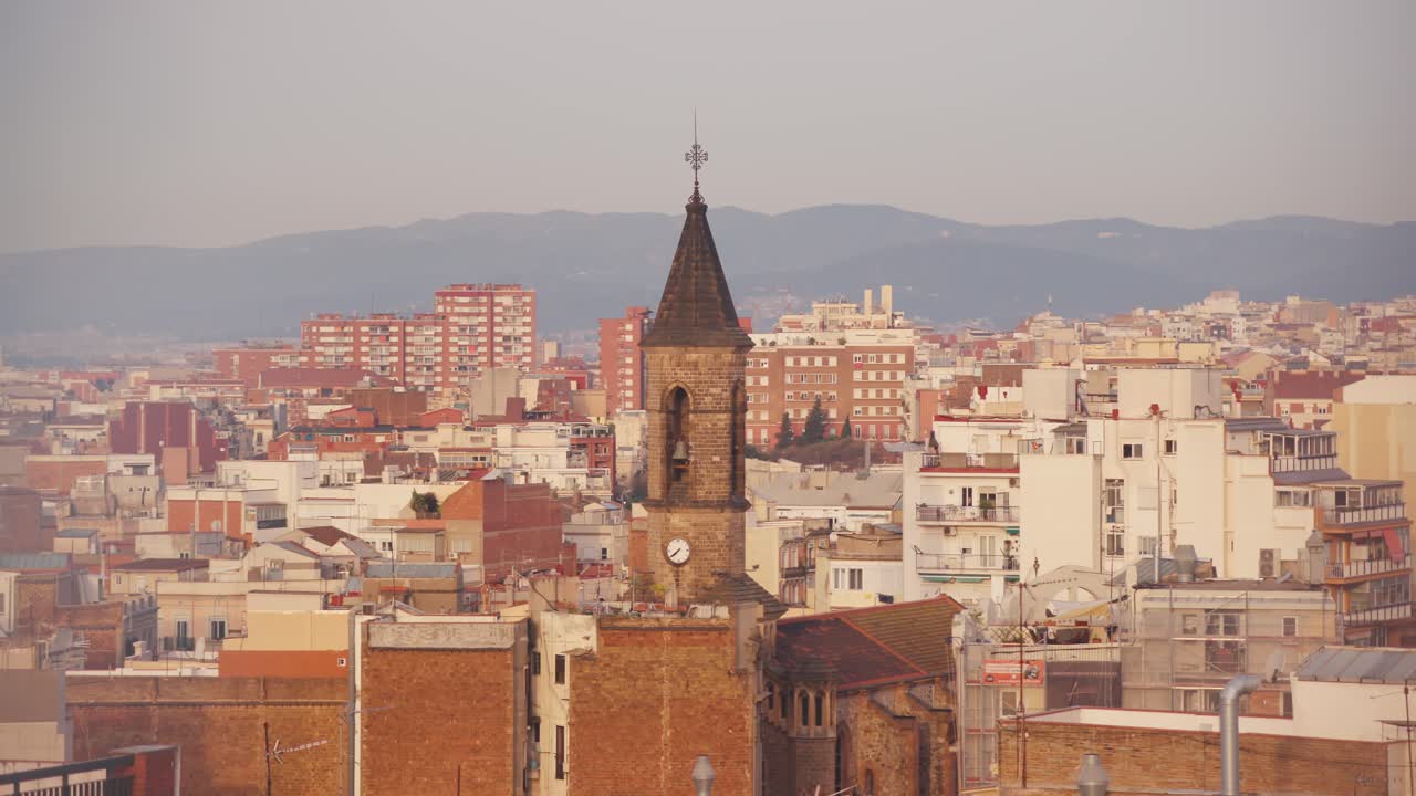 Les Corts de Sarri&agrave; residential buildings and neighborhood under gray and hazy sky due to climate change, Barcelona, Spain