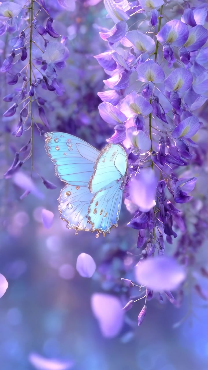 Una bellissima farfalla blu posata su fiori di glicine viola
