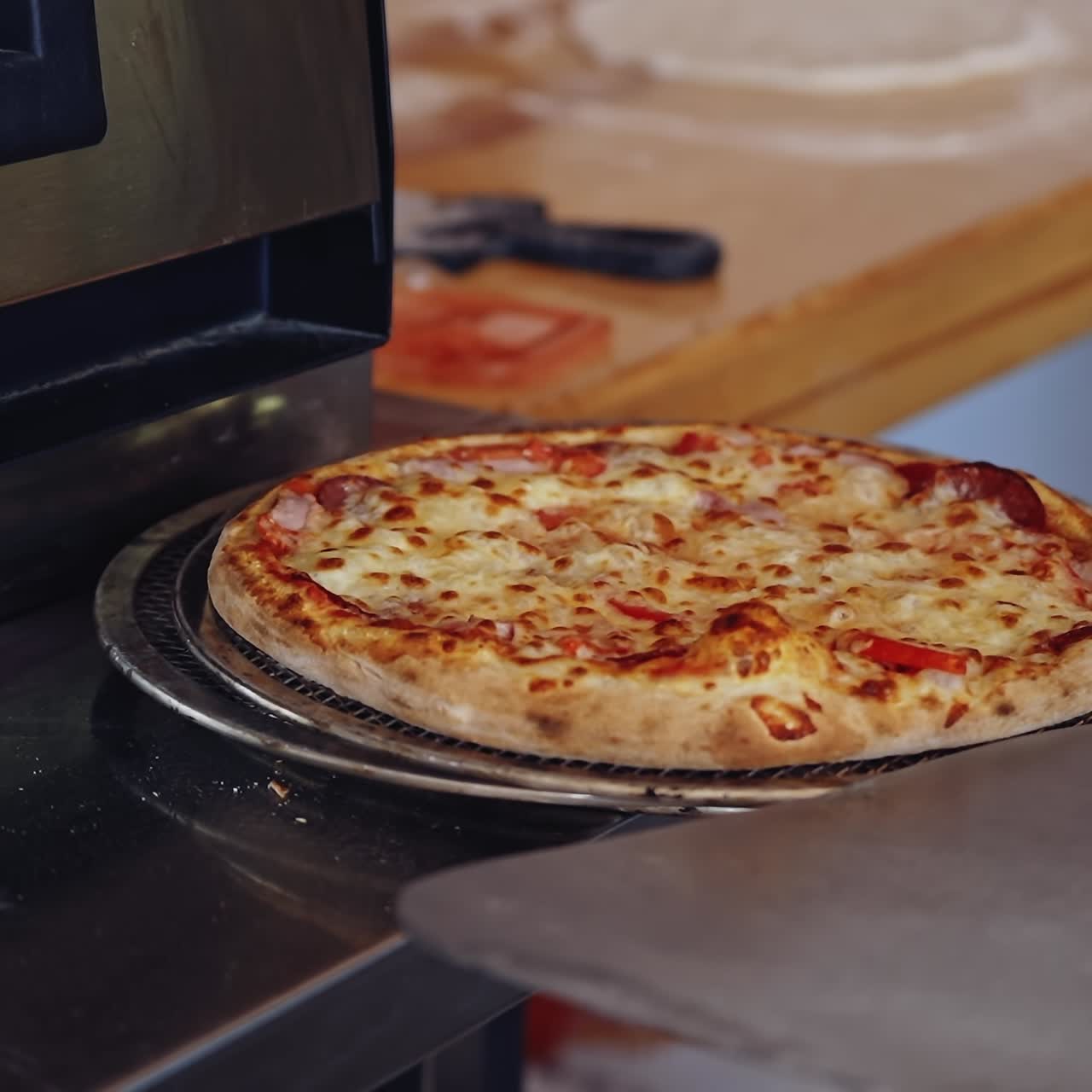 Hot delicious pizza. Pizzeria master takes out ready pizza from the oven. Chef is pulling out fresh pizza with a special pizza spatula in the kitchen.