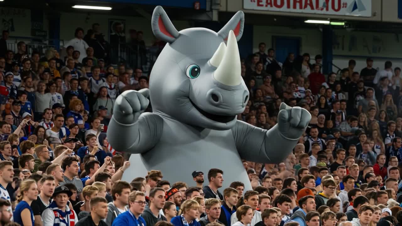 A giant inflatable rhinoceros cheers enthusiastically among excited spectators at a lively sporting event, capturing the vibrant atmosphere of fan engagement and team spirit