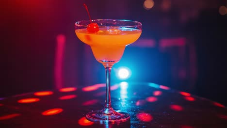 a vibrant cocktail sitting elegantly on a table, showcasing its bright yellow hue and cherry garnish under colorful lights in a lively atmosphere