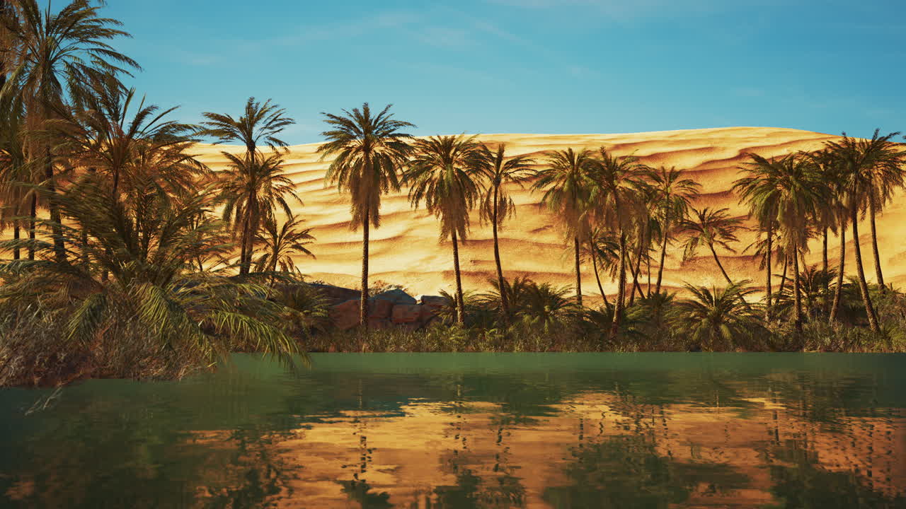 Oasi verde con stagno nel deserto del Sahara