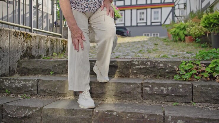 Senior Woman Holding Knee While Descending Stone Steps