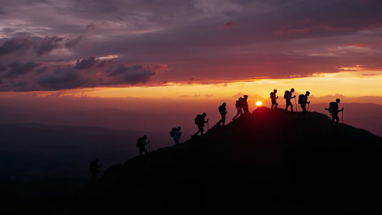 Following breaking sunrise light, hikers climbing mountain ridge with backpacks and trekking poles