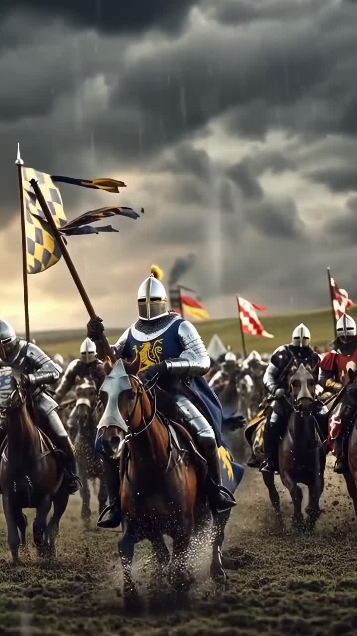 Cena épica de batalha medieval com cavaleiros a cavalo, capturada de baixo ângulo, estilo de vídeo