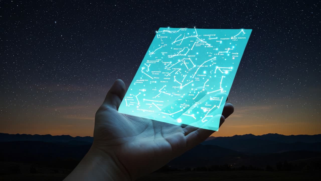 A Glimpse into the Cosmos: A Hand Holding a Transparent Display of Star Constellations Against a Night Sky Filled with Stars