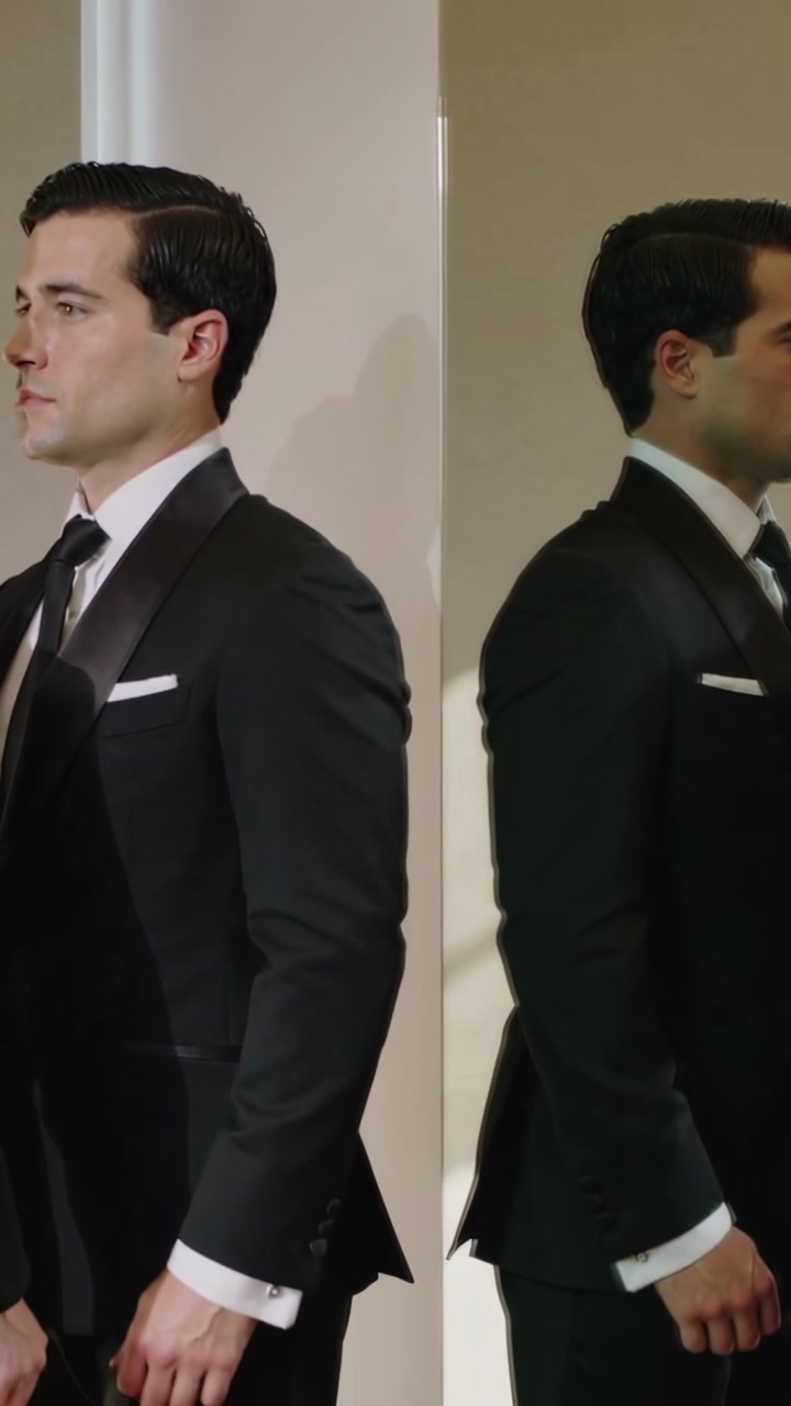 Vertical video: Gazing at mirror, man in tuxedo adjusting cufflinks in hall for wedding, copy space
