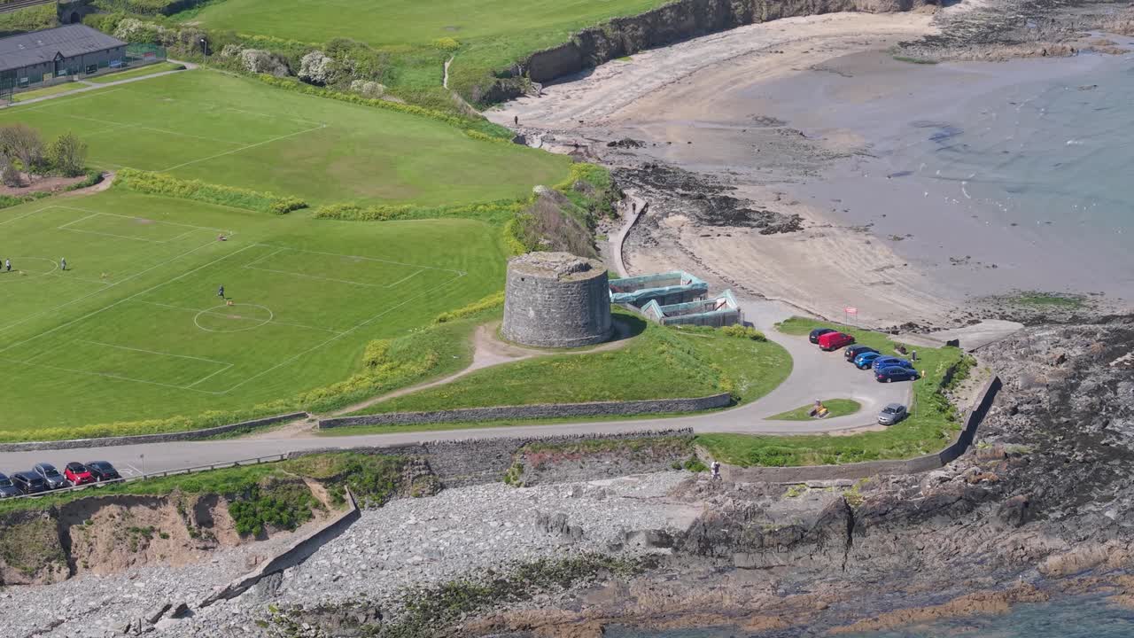 Aerial view of Martello tower by beach in Balbriggan, Fingal, Dublin, Ireland