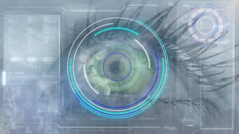 scope scanning over close up of female eye against digital interface with data processing