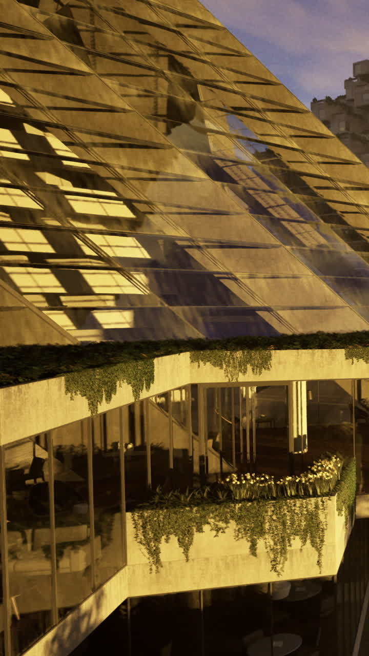 Edificio con estructura de vidrio y hormigón en una zona urbana durante el atardecer.