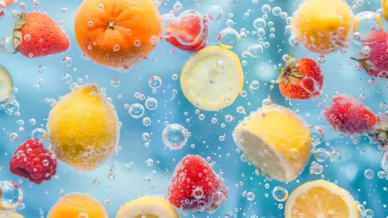 Vibrant fruits submerged in water with bubbles, captured from a top-down angle