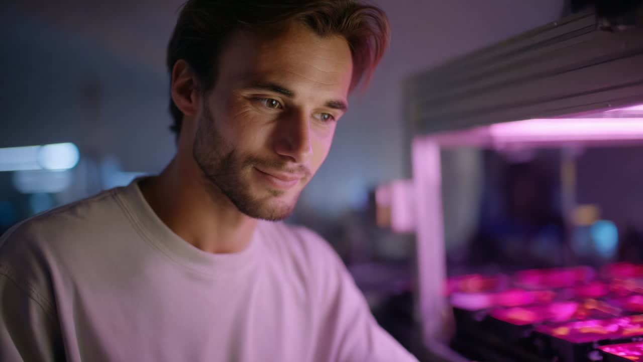 A thoughtful young man with an engaging smile is seen interacting with a vibrant display of glowing plants under soft pink lighting, reflecting his fascination and curiosity about the captivating environment around him