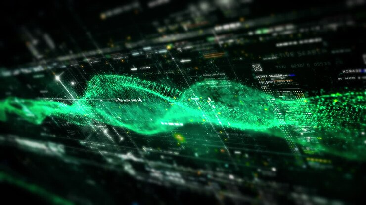 Futuristic abstract de-focus data matrix, meta, metaverse, telemetry and encrypt numbers display with particles simulation in cyber space environment for head up display background